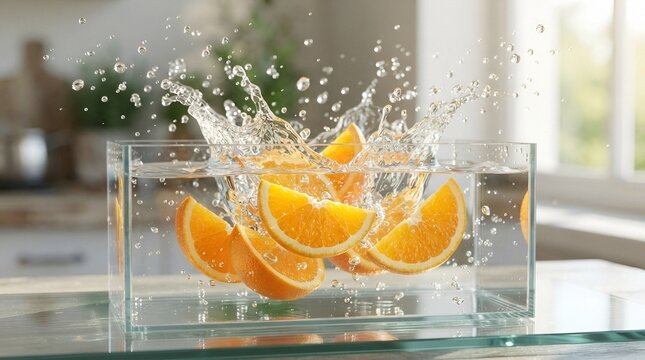 Fresh orange slices splashing into clear water in a transparent container on a kitchen table, food and beverage photography stock illustration