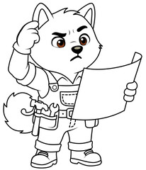 Obraz premium Builder dog mascot holding a blueprint, wearing hard hat and construction uniform, presented as clean black-white line art.