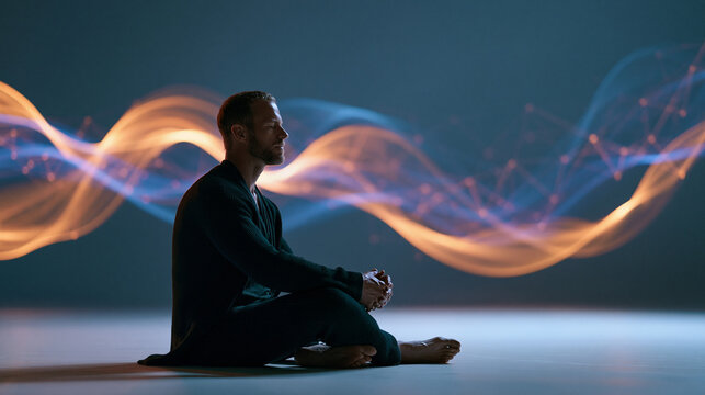 Man Meditating with Abstract Energy Waves