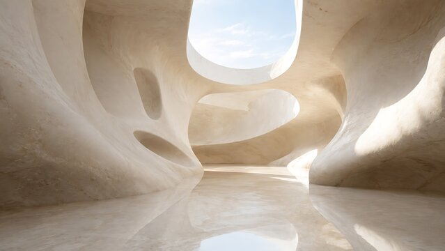 Abstract interior view of a futuristic spaceship cabin with curved walls and bright light coming from windows