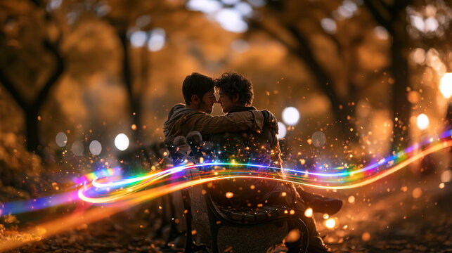 Couple Embracing with Rainbow Light Energy