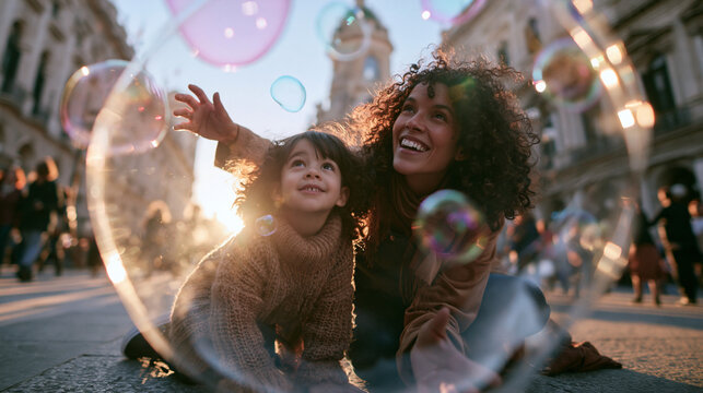 Mother and Child Playing with Bubbles in Urban Street