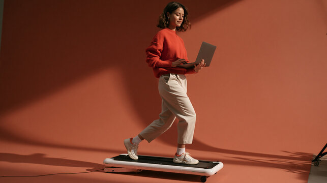 Woman Multitasking on Treadmill With Laptop