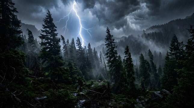 Dramatic thunderstorm and lightning bolt striking over a dark, rainy coniferous forest in the mountains