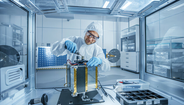 A scientist in a cleanroom suit assembles a small satellite or cubesat in a sterile laboratory environment.