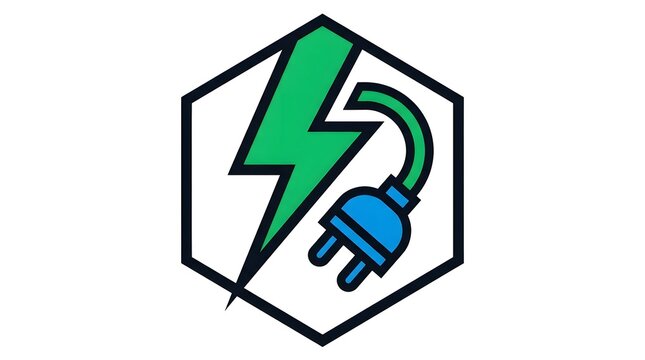 Renewable energy icon with green lightning bolt and blue electrical plug inside a hexagon frame