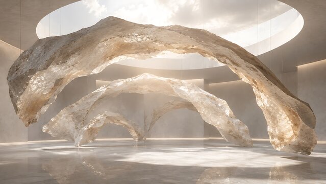 Abstract flowing liquid gold shapes creating a dynamic wave pattern in a bright modern interior space