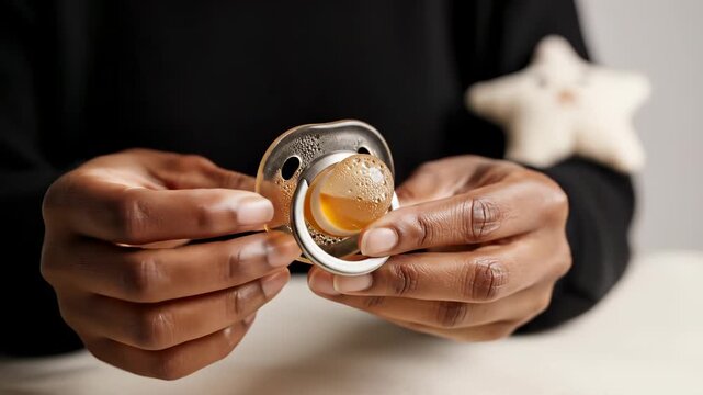 Hands hold pacifier with amber liquid inside. Mother checks baby dummy carefully. Hand holding silicone pacifier close up. Infant care concept with baby dummy. Parent hands inspect new soothing item.