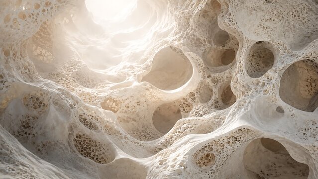 Abstract microscopic view of porous biological tissue structure with bright warm light filtering through the hollow cells