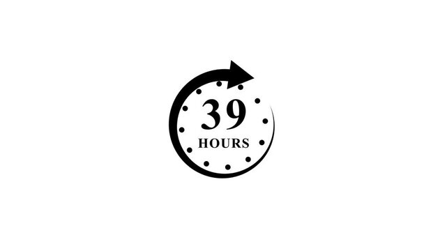 Minimalist black thirty nine hours time concept animation on white background.