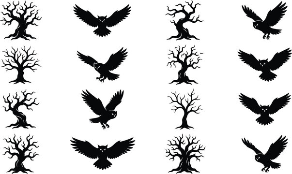 Set of black silhouette vector icons featuring spooky trees and flying owls for Halloween designs