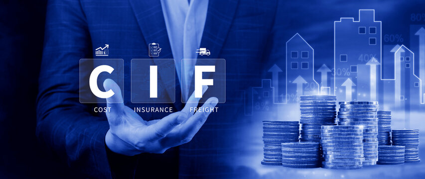 CIF Cost Insurance Freight incoterms concept. CIF digital virtual screen for global trade shipping and logistics business, incoterms international shipping concept. not ai