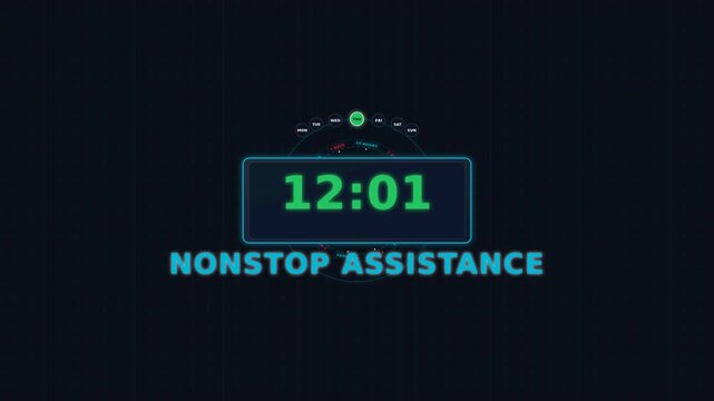Motion of digital clock displaying nonstop assistance times in various scenes for technology and time management.