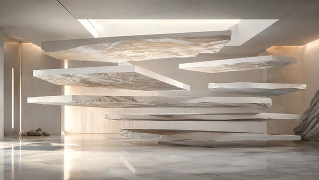 Modern architectural interior design featuring a futuristic layered sculptural installation in a bright minimalist lobby space