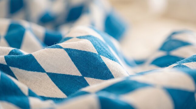 Close up of blue and white Bavarian diamond fabric with soft folds, texture, and shallow depth of field
