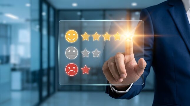 A business professional using a digital screen to provide a five star rating for customer service and experience excellence