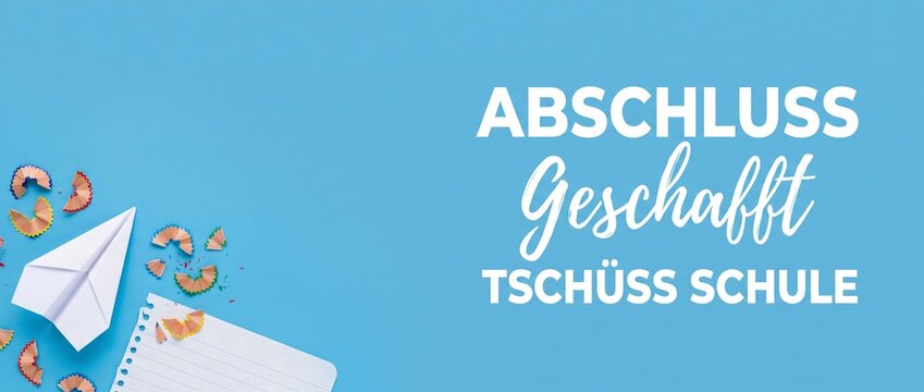 Graduation school background paper airplane celebrating end of school year success with German text Abschluss geschafft Tsch&uuml;ss Schule on blue backdrop for educational design template banner