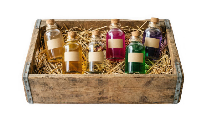 Wooden crate filled with straw and various colorful glass bottles with blank labels isolated on transparent background