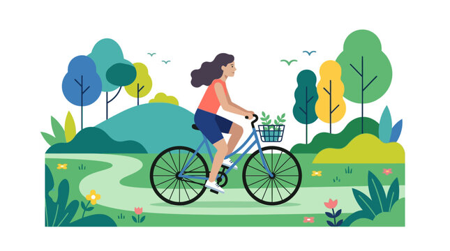 Woman rides a bicycle with a front basket along a winding path through a vibrant park landscape.
