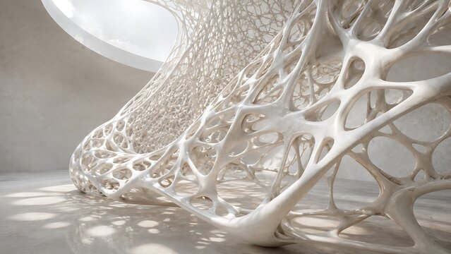Abstract architectural structure with organic flowing shapes and intricate web like patterns in a modern interior space