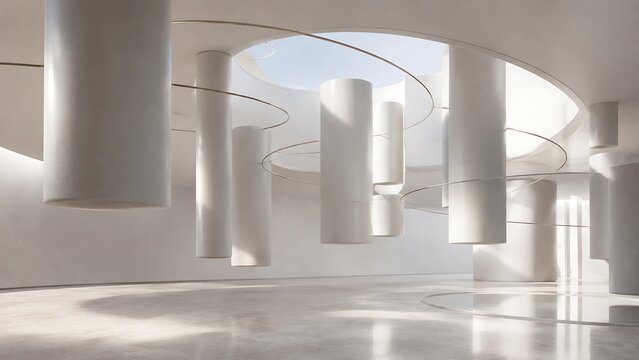 Modern architectural interior with large cylindrical pillars and soft natural light in a minimalist spacious hall