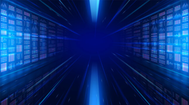 Server room. Green data center with supercomputer, big tech cloud or ai warehouse system. Computer database storage tunnel. Blue digital panels and motion lines. Vector technology set