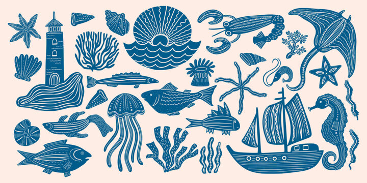 Beach icons. Summer hand drawn doodle, Italy organic starfish or doodle water fish as vintage ink food graphic. Decor collection for seafood or kids nursery, clothes decoration. Vector print