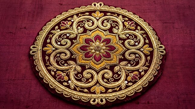Detailed circular embroidery piece featuring intricate golden thread work and ornate floral motifs stitched onto a rich deep maroon velvet fabric background