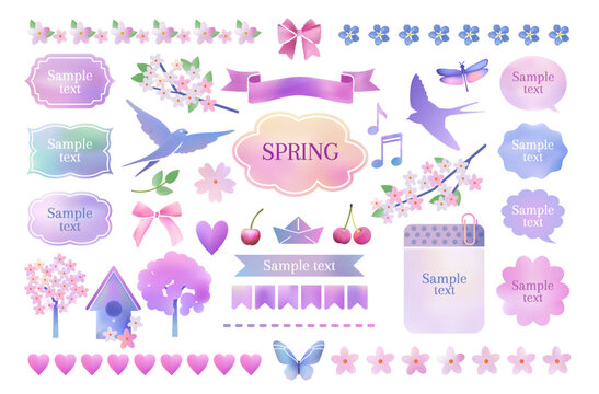 Watercolor frames. Spring cute ribbon for title, pink headline label, birds, cherry and heart icons, flower border for Japan butterfly season design. Pastel floral labels vector banner