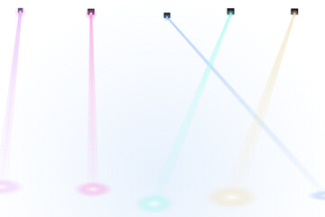 Obraz premium Spotlights cast beams of soft pink and blue light onto a white floor surface while creating circular patterns of illumination that project across the empty space within this minimal graphic.