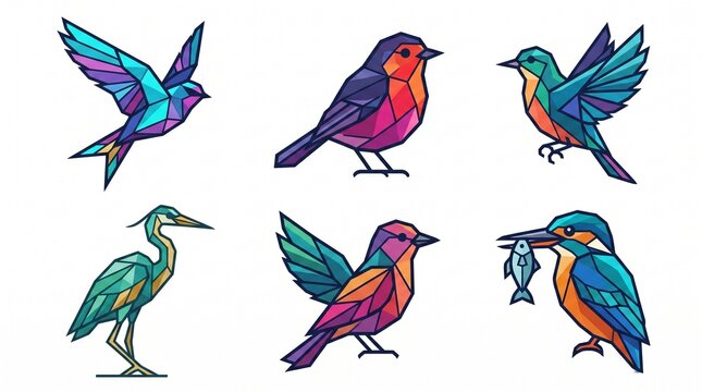 Modern low poly vector illustration of a colorful geometric kingfisher bird holding a fish, created with vibrant polygonal shapes and bold outlines.