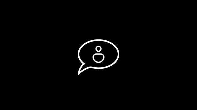 Minimalist white outline animation of person inside speech bubble icon on black background.