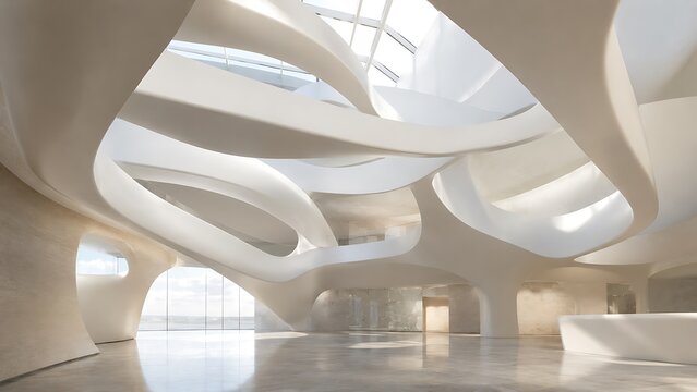 Modern futuristic interior architecture with smooth curved white walls and bright natural light from a large skylight