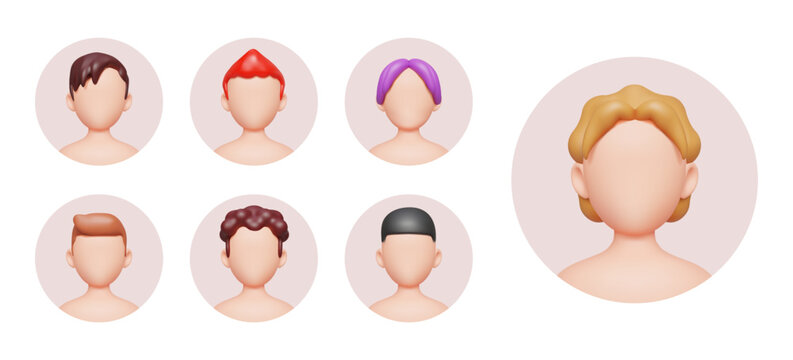3d man head. Boy people avatar, cartoon character render or realistic face profile portrait. Guy model person. Minimal faceless user portraits with different hairstyles. Vector flat set