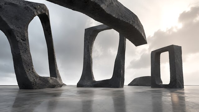 Abstract architectural structures with dark stone arches standing on a reflective concrete surface under a cloudy sky