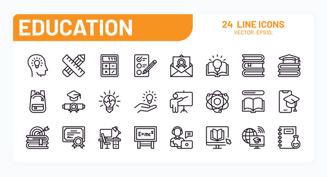 Study line icons. School line lecture, student or teacher in university campus, exam class. Digital material thesis. Minimal outline symbols for online learning. Vector isolated interface set