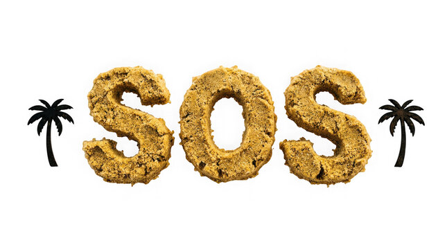 The letters sos made of sand with palm tree silhouettes on the sides isolated on transparent background