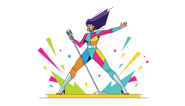 Dynamic vector illustration of an eighties style pop singer woman in a colorful jumpsuit performing on stage.