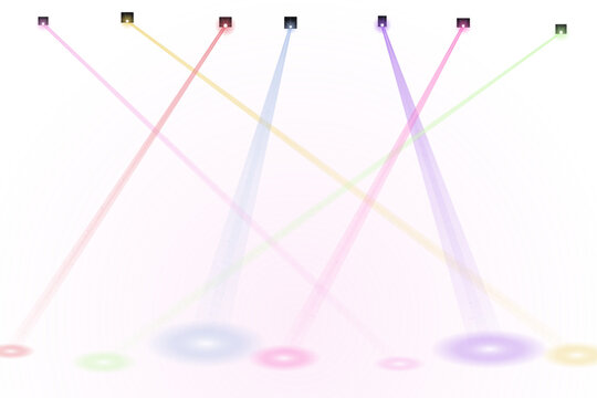 Spotlights illuminate a white surface with colorful light beams to establish a professional visual effect for graphic projects that demand clean lines and a sense of theatrical excitement and energy.