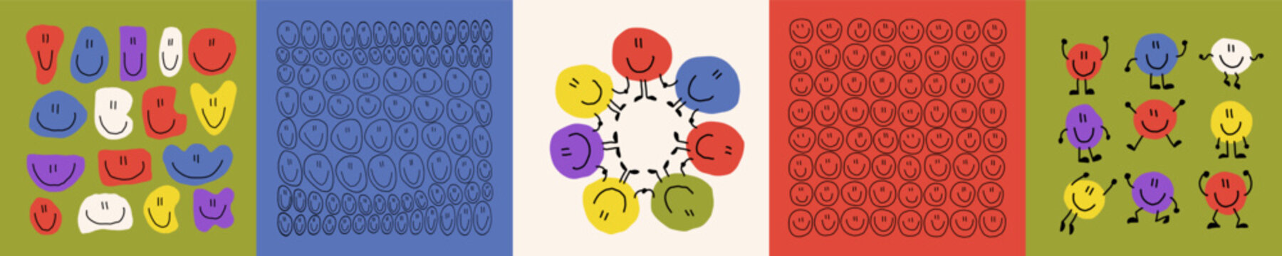 Smile pattern. Happy people face community of fun diverse friends, rainbow color kids. Friendship emotions, crowd composition. Print design, graphic background. Vector square posters set