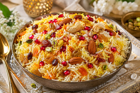 Kashmiri pulao with colorful dried fruits, nuts, pomegranate seeds and saffron rice, bright luxurious Indian food
