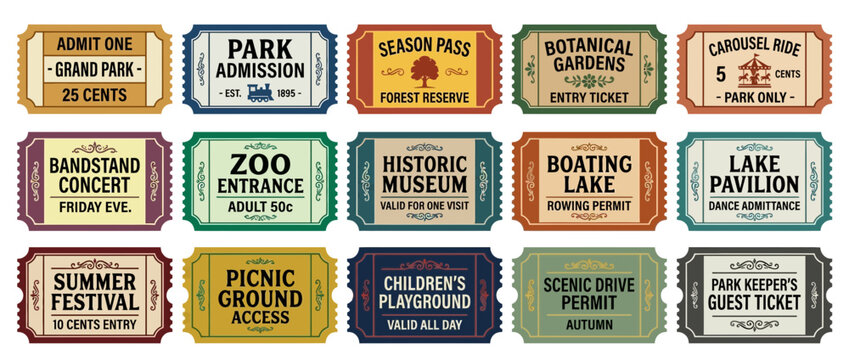 Vintage Admission Tickets Collection: Park, Zoo, Concert, Festival, Botanical Gardens