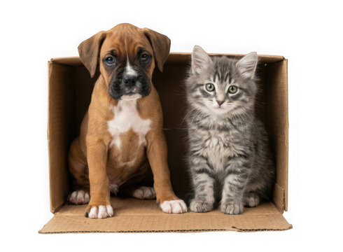 A cute boxer puppy and a fluffy tabby kitten sitting together inside a cardboard box isolated on transparent background