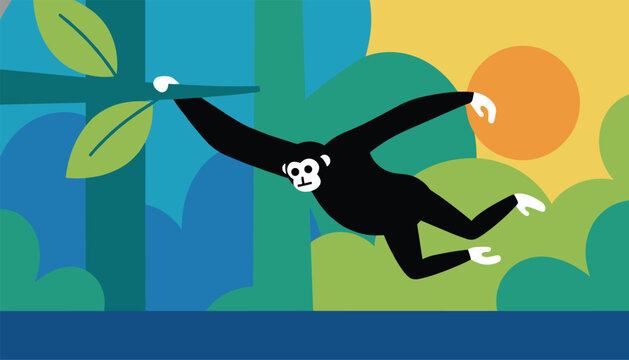 Black gibbon monkey swinging gracefully from a leafy green tree branch against a colorful sunset jungle background.