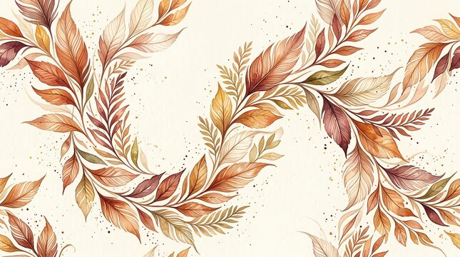 Seamless pattern with watercolor autumn leaves and ferns in warm orange and brown tones on white background