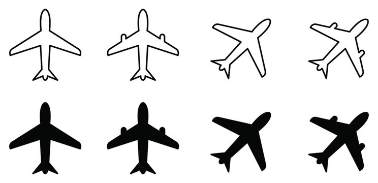 Airplane icon set. Ideal for travel, aviation, airport, flight, transportation, app, UI, web, and infographic design.