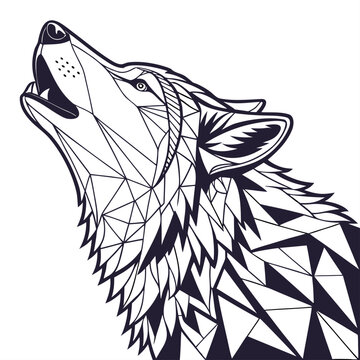 Geometric low poly wolf howling portrait with geometric wildlife triangular predator