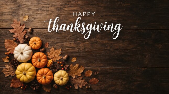 Happy thanksgiving greeting card with decorative pumpkins and autumn leaves on a rustic dark wooden background