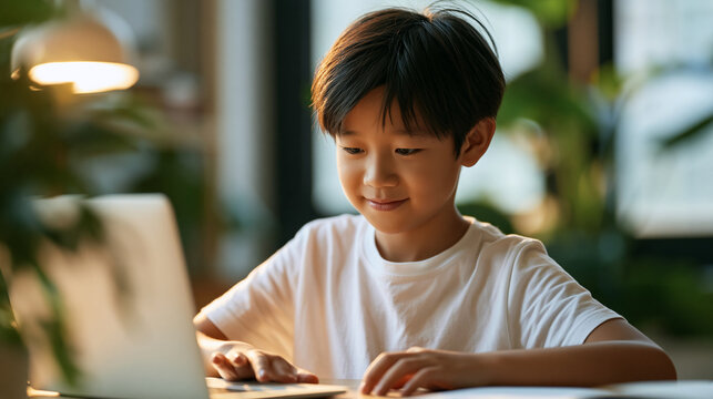 Asian boy using a laptop for online learning, distance education for kids, e-learning at home, child studying digital technology concept, with copy space