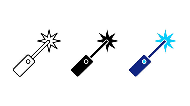 Set of laser pointer or spark tool icons in line, solid, and blue styles for presentation, science, and technology design